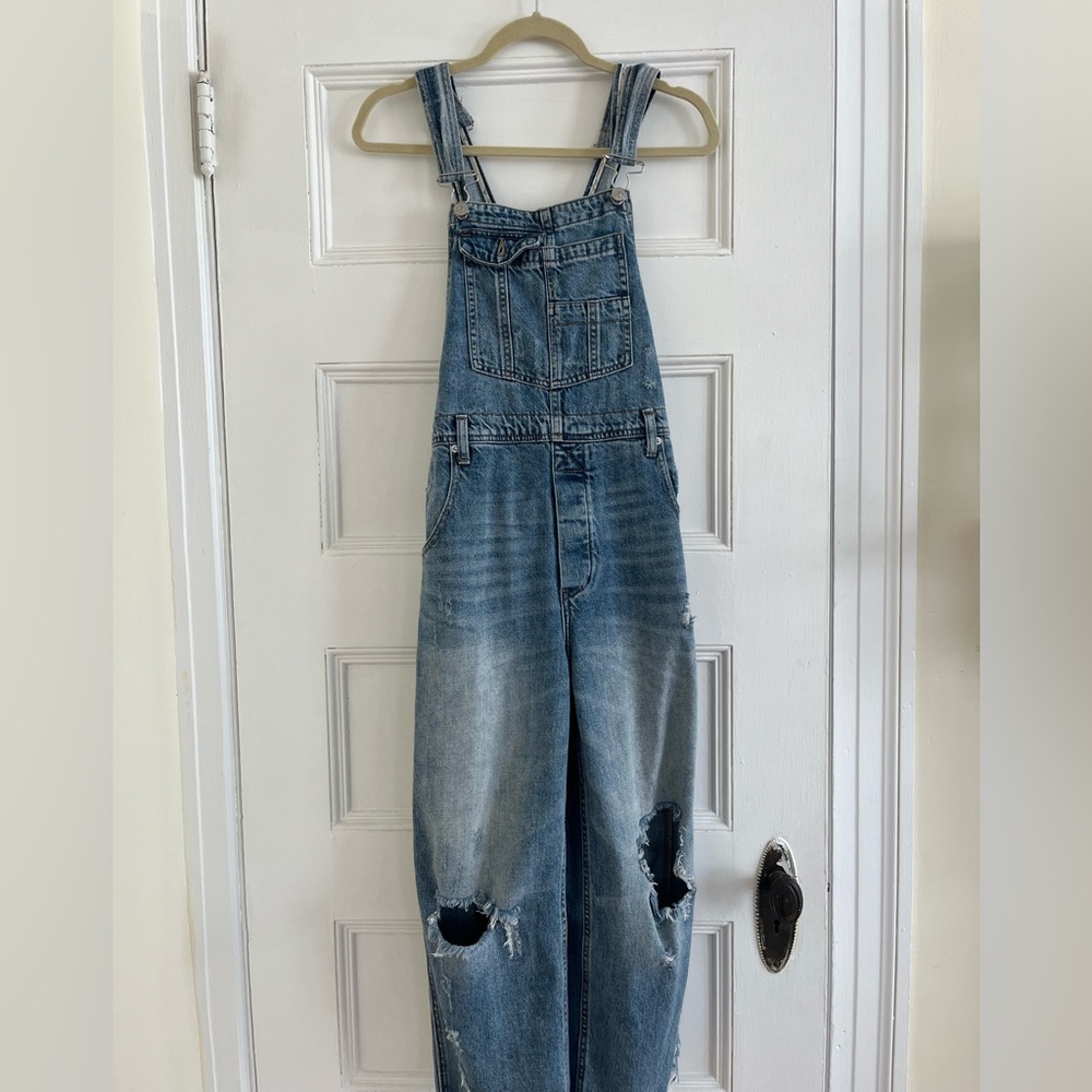 We The Free Light Blue Distressed Denim Overalls